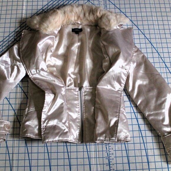 BEBE Satin Down Jacket with Removable Rabbit Fur Collar, Small - Picture 12 of 15